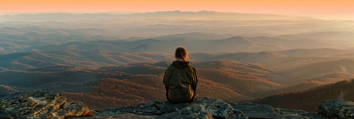 A person sits peacefully atop a mountain, gazing at a breathtaking sunrise over a vast hilly landscape