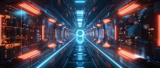 Futuristic server room with advanced glowing blue neon lights, technological corridor with digital data screens and glowing end portal, illustrating high-tech and cyber concepts. - obrazy, fototapety, plakaty