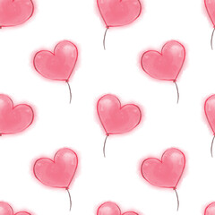 Seamless raster beautiful romantic gentle pattern with balloons in the form of a heart in a watercolor style on a white background for cards for Valentine's Day, wrapping paper, wallpaper, textiles.
