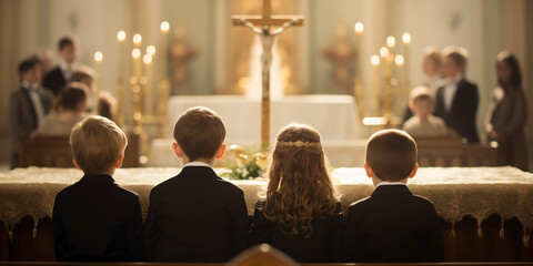 Gathering of boys and girls in elegant attire positioned around the church altar with candles and a...