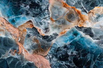 a close-up of a blue and brown marble texture. The blue veins wind throughout the brown marble,