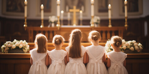 Crowd of girls dressed formally gathered near the church altar with lit candles and a crucifix. Back shot attending a religious service or ceremony. First communion concept. - obrazy, fototapety, plakaty