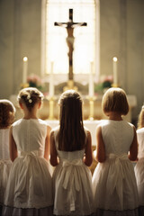 Gathering of girls in their Sunday best near the church altar with lit candles and a crucifix. Back...