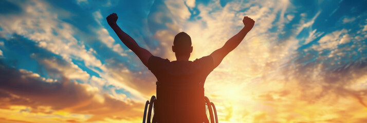 A man in a wheelchair raises his arms in the air, expressing joy or victory - obrazy, fototapety, plakaty