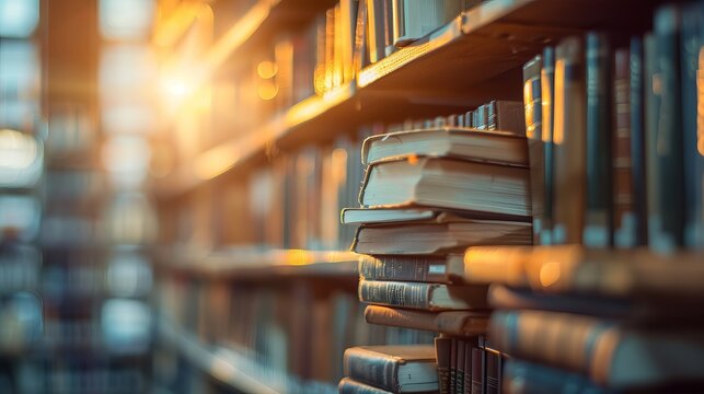 The blurred image of many old books on a library shelf captures the essence of a world filled with stories and knowledge waiting to be discovered