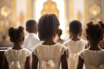 Gathering of black girls in formal attire standing around the church altar with candles and a...