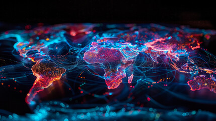Illuminated digital network map of the world showcasing connectivity and data flow across continents, with glowing nodes and connection lines over a dark background. - obrazy, fototapety, plakaty