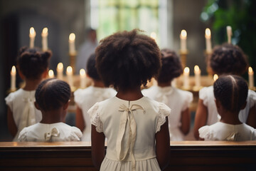 Crowd of black girls dressed formally gathered near the church altar with lit candles and a crucifix. Back shot attending a religious service or ceremony. First communion concept.