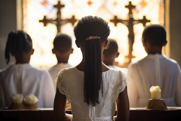 Bunch of black girls dressed in their Sunday best near the church altar with lit candles and a crucifix. Back shot attending a religious service or ceremony. First communion concept.