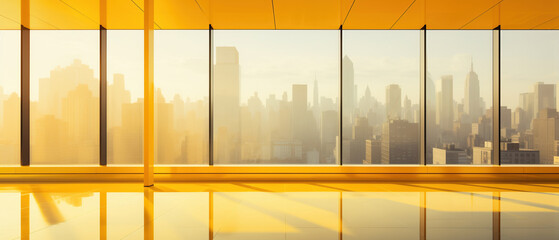 An empty room reveals a breathtaking view of a city, where skyscrapers reflect in a mesmerizing display. Abstract design and geometric angles create a business and finance ambiance