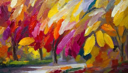 Poster autumn landscape with trees, wallpaper texted Painting of a tree with colorful flowers in the autumn season. Oil color painting. © Bilal