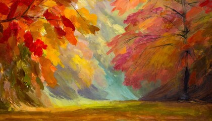 autumn landscape with trees, wallpaper texted Painting of a tree with colorful flowers in the autumn season. Oil color painting. - obrazy, fototapety, plakaty