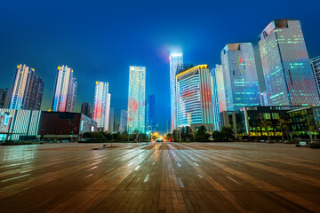 Skyscrapers in the business district, city night view, Changsha, China. - 768614774