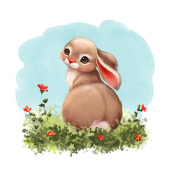 Spring illustration of rabbit sitting on grass with flowers Easter bunny.