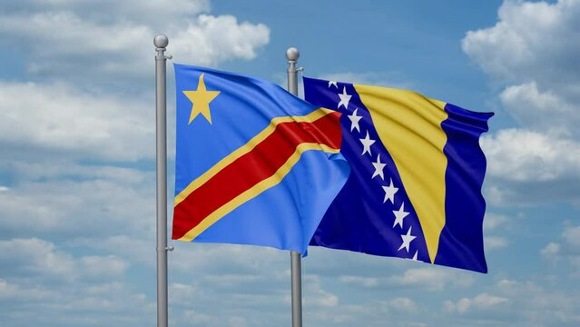 Democratic Republic of the Congo and Bosnia and Herzegovina flags waving together, looped video