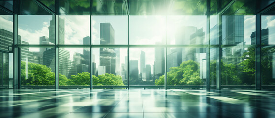 An empty room with expansive windows offering a breathtaking view of a bustling city below, with skyscrapers reflecting in the glass