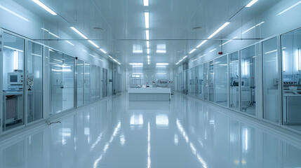 Modern, clean laboratory interior with glass partitions, white surfaces and shiny floors reflecting overhead lights. The equipment displays a high-tech environment.