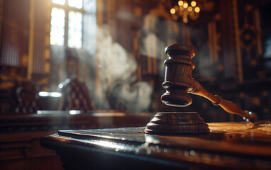 Symbol of law and justice - wooden gavel in courtroom - obrazy, fototapety, plakaty