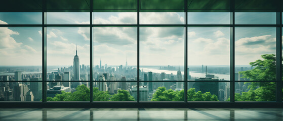 Cityscape reverie. A room with expansive windows offers a stunning view of a cityscape, with skyscrapers reflecting off glass facades, creating an abstract background