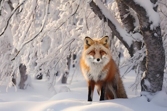 Red fox fur in a winter landscape, seamlessly patterned with snow-covered trees