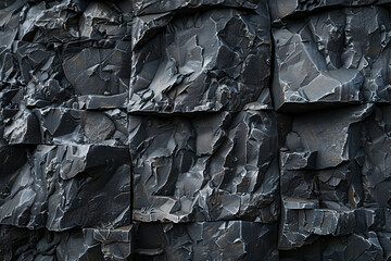 a close-up of a black stone wall made up of blocks of different sizes and shapes. The blocks are arranged in a grid pattern with some variation. 