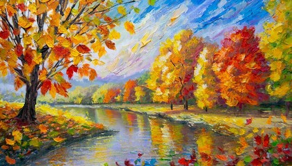 autumn landscape with trees, wallpaper texted Painting of a tree with colorful flowers in the autumn season. Oil color painting.