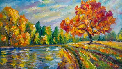Fototapeta na wymiar autumn landscape with trees, wallpaper texted Painting of a tree with colorful flowers in the autumn season. Oil color painting.