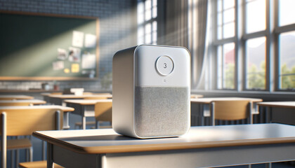 A compact, portable air purifier for a bright, airy classroom. It is located on the table, highlighting the purifier's role in maintaining a clean and safe breathing space for students. - obrazy, fototapety, plakaty