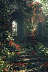 Fototapeta premium An enchanting overgrown ruin with flourishing red flowers and lush green foliage surrounding an ancient stone staircase leading to a weathered arched doorway.