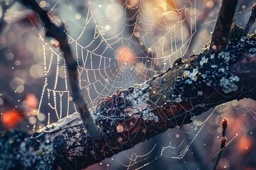 Spider Web Hanging From Tree Branch - obrazy, fototapety, plakaty