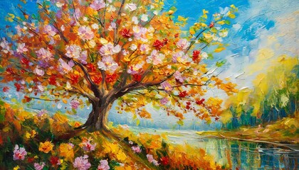 Fototapeta na wymiar autumn landscape with trees, wallpaper texted Painting of a tree with colorful flowers in the autumn season. Oil color painting.