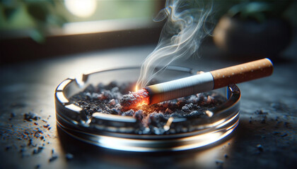 A cigarette lies on the edge of the ashtray. A thin stream of smoke rises from the cigarette.