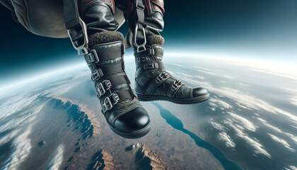 A close-up of a skydiver's booted feet dangling against the ground far below. The details of the boots, the harness straps and the texture of the ground below are in sharp focus as the horizon blurs i - obrazy, fototapety, plakaty