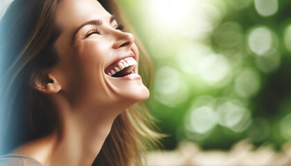 Women laughing heartily, with their heads thrown back in sincere happiness. The image captures the essence of a carefree, wonderful moment with plenty of copy space against a soft, natural background