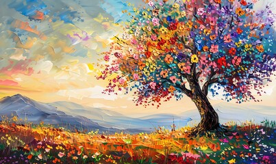 Naklejka na ściany i meble Autumn Splendor, Vibrant Oil Painting of Flowering Tree
