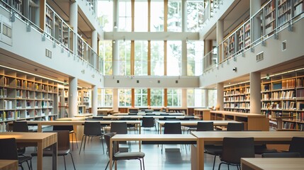 The interior of a public library, absent of visitors, emphasizes the tranquility of study spaces equipped with modern technology for learning