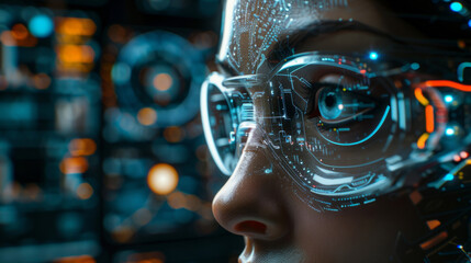 Close-up of a person wearing high-tech glasses with digital augmented reality interface superimposed around the eyes, reflecting futuristic technology concepts.