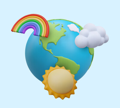 Detailed realistic Earth, rainbow, sun, cloud. Circulation in nature