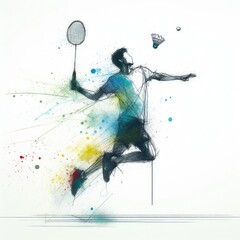 badminton player in watercolor paint illustration with Generative AI.
