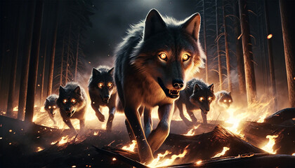 A pack of wolves running away from a forest fire at night. Their glowing eyes, intense expressions and firelight illuminating their fur against the backdrop of a dark, smoky forest. Wild animals fleei