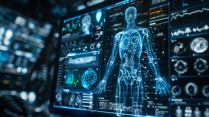A futuristic medical interface displays a holographic human body with detailed anatomical structures and health data metrics. The advanced technology suggests a high-tech healthcare setting.