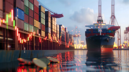 A cargo ship docked at a busy port overlaid with glowing economic stock market indicators at dusk.