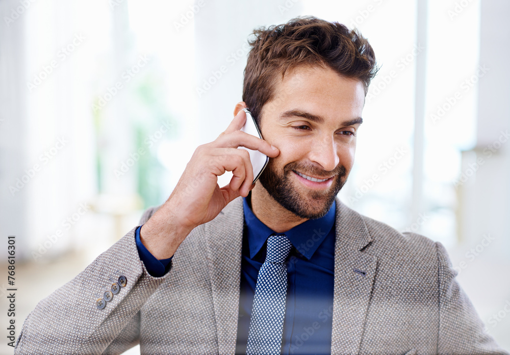 Poster business man, phone call and networking for deal in office, communication and app for talking. male 