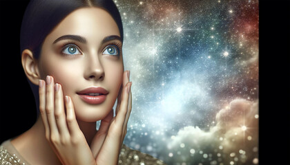Close-up of a woman with an expression of awe, her hands gently touching her cheeks. The backdrop is a softly focused starry night sky, adding a touch of wonder to the scene. - obrazy, fototapety, plakaty