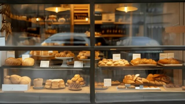 Blank mockup of a storefront window display featuring a gourmet bakery with sumptuous pastries and an inviting atmosphere.