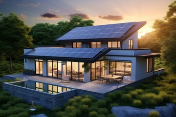 Modern house with solar panels on the roof.  Sun energy, Renewable Energies, photovoltaic solar panels, Renewable energy concept - obrazy, fototapety, plakaty