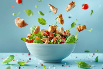 Visually arresting image of a fresh salad with airborne croutons and vegetables against blue backdrop