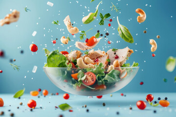 Dynamic composition of a mixed salad with flying pieces against a serene blue backdrop