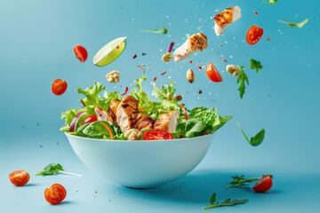 Obraz na płótnie Canvas Dynamic image of a healthy salad with chicken, tomatoes, and greens suspended in mid-air