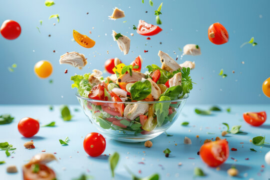 An appetizing image of a mixed salad with floating ingredients over a clear bowl on a blue background
